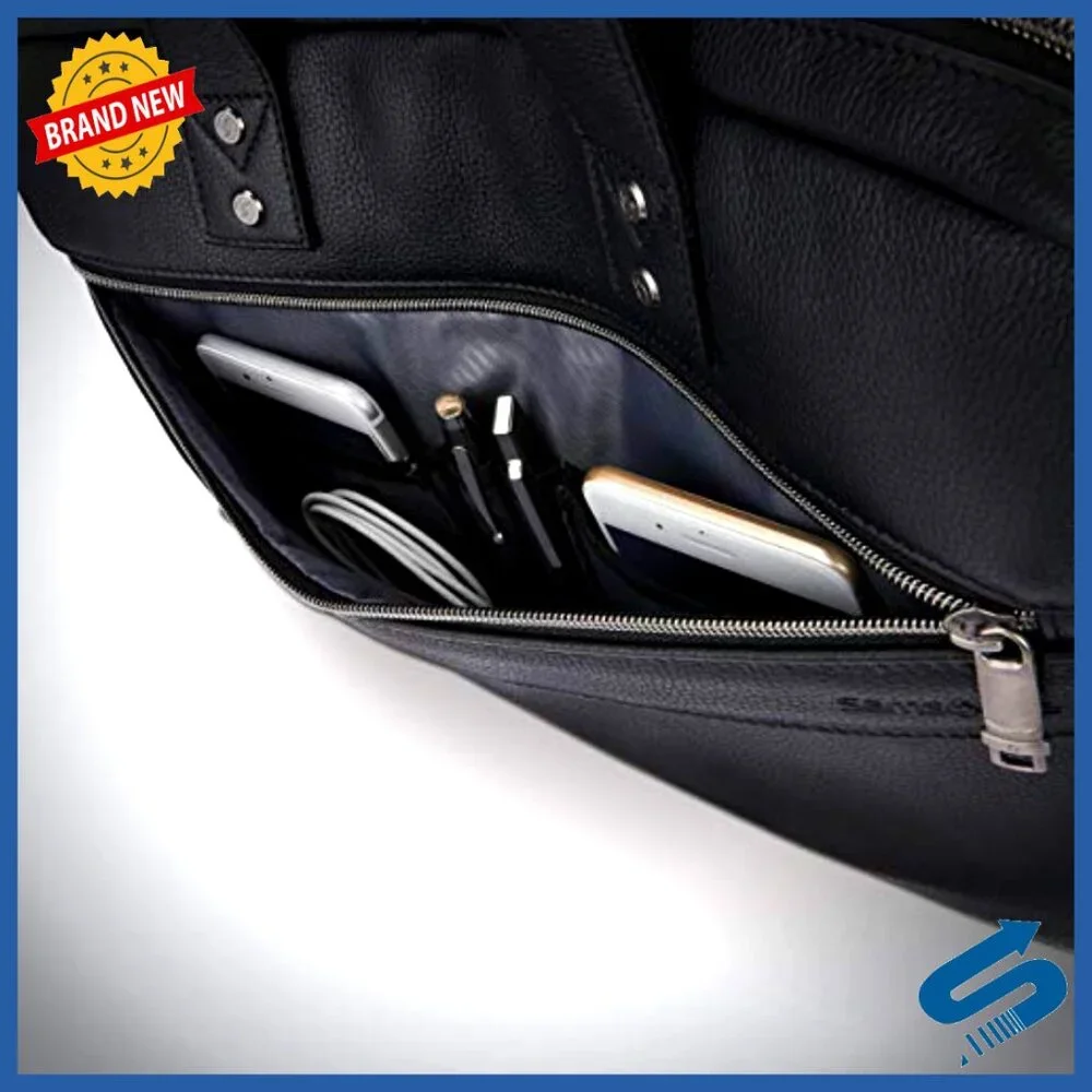 Leather Slim Briefcase with Padded Laptop Compartment and Detachable Strap